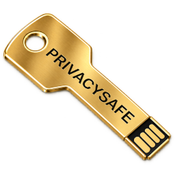 A brass key-shaped USB drive engraved PRIVACYSAFE
